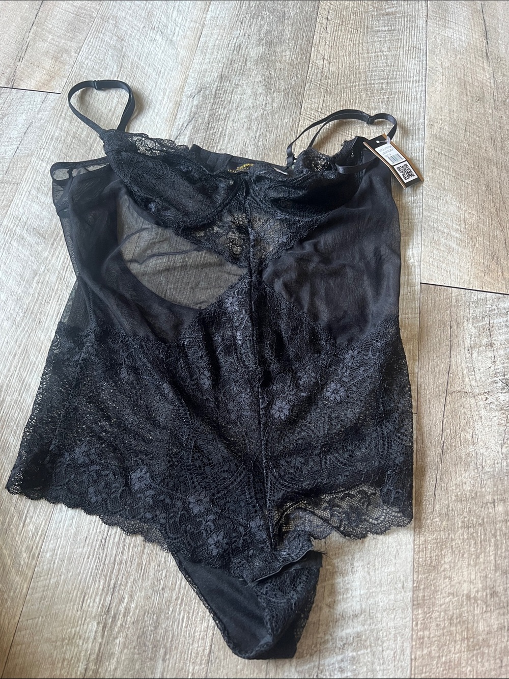 Sheer Black Lace Chemise Bodysuit with Scalloped Hem